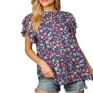 🆕 Haptics Navy Floral Mock Neck Flutter Sleeve Top